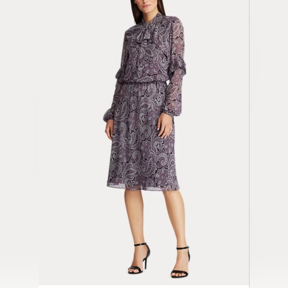 Lauren Ralph Lauren Chiffon Sheer Bohemian Paisley Ruffle Tie Midi Dress